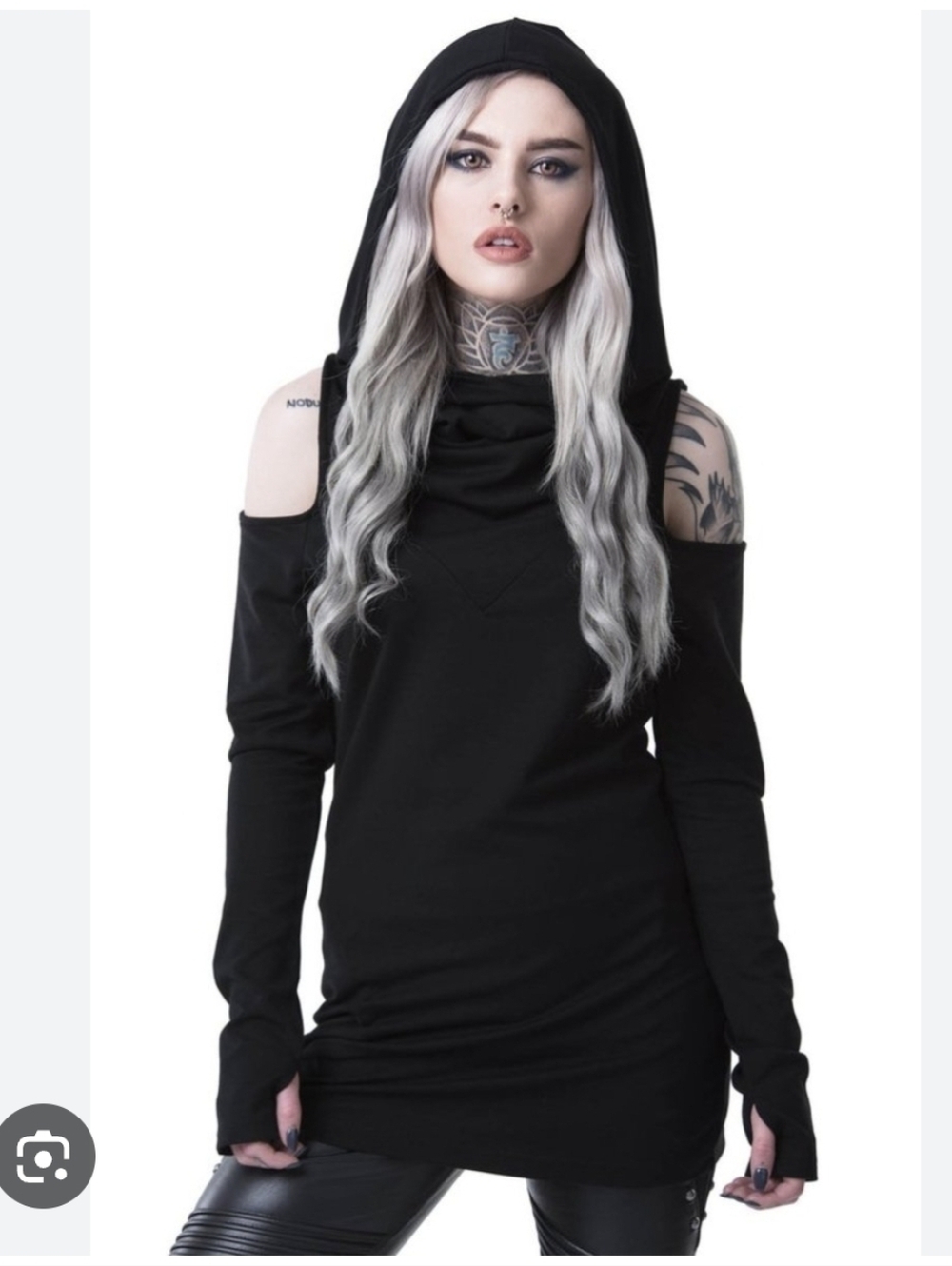 Killstar Bibliomancy Black Cold-Shoulder Hooded Long-Sleeve Top Size XS